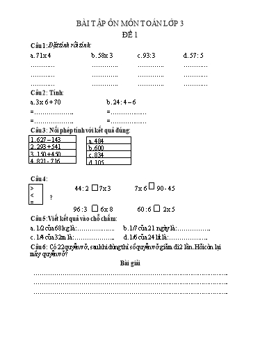 Bài tập ôn tập môn Toán Lớp 3
