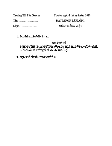 Bài tập ôn tập Toán, Tiếng Việt Lớp 1 - Ngày 1/4 - Năm học 2019-2020 - Trường Tiểu học Tân Quới A