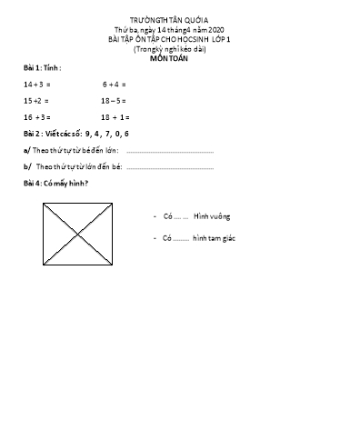 Bài tập ôn tập Toán, Tiếng Việt Lớp 1 - Ngày 14/4 - Năm học 2019-2020 - Trường Tiểu học Tân Quới A