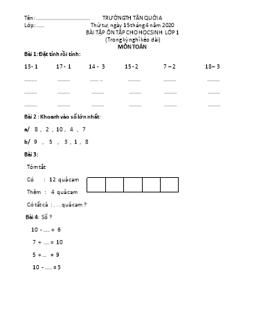 Bài tập ôn tập Toán, Tiếng Việt Lớp 1 - Ngày 15/4 - Năm học 2019-2020 - Trường Tiểu học Tân Quới A