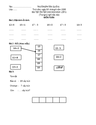 Bài tập ôn tập Toán, Tiếng Việt Lớp 1 - Ngày 16/4 - Năm học 2019-2020 - Trường Tiểu học Tân Quới A