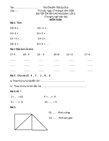 Bài tập ôn tập Toán, Tiếng Việt Lớp 1 - Ngày 17/4 - Năm học 2019-2020 - Trường Tiểu học Tân Quới A