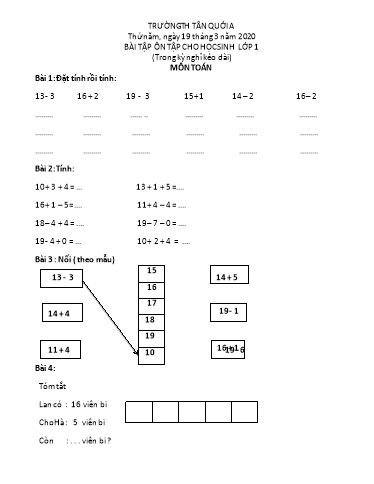 Bài tập ôn tập Toán, Tiếng Việt Lớp 1 - Ngày 19/3 - Năm học 2019-2020 - Trường Tiểu học Tân Quới A