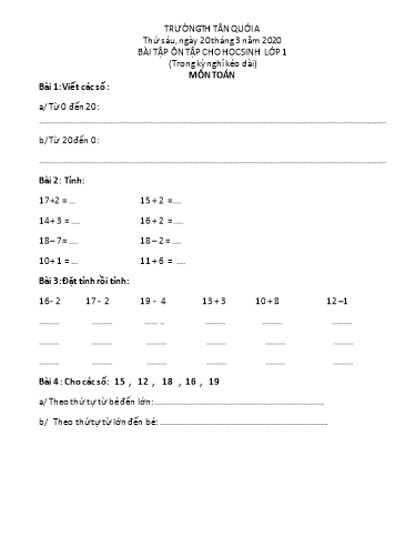 Bài tập ôn tập Toán, Tiếng Việt Lớp 1 - Ngày 20/3 - Năm học 2019-2020 - Trường Tiểu học Tân Quới A