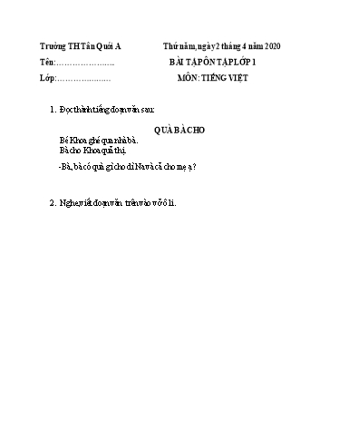 Bài tập ôn tập Toán, Tiếng Việt Lớp 1 - Ngày 2/4 - Năm học 2019-2020 - Trường Tiểu học Tân Quới A