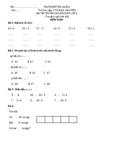 Bài tập ôn tập Toán, Tiếng Việt Lớp 1 - Ngày 27/4 - Năm học 2019-2020 - Trường Tiểu học Tân Quới A