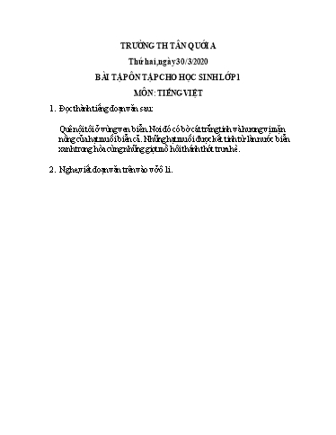 Bài tập ôn tập Toán, Tiếng Việt Lớp 1 - Ngày 30/3 - Năm học 2019-2020 - Trường Tiểu học Tân Quới A