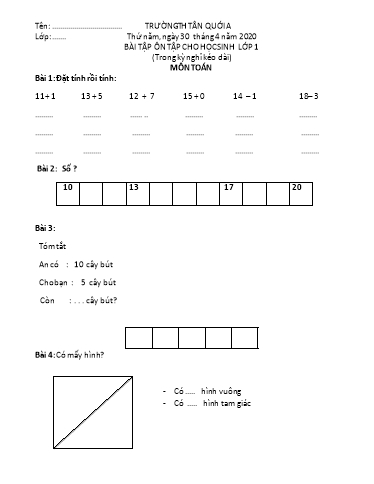 Bài tập ôn tập Toán, Tiếng Việt Lớp 1 - Ngày 30/4 - Năm học 2019-2020 - Trường Tiểu học Tân Quới A