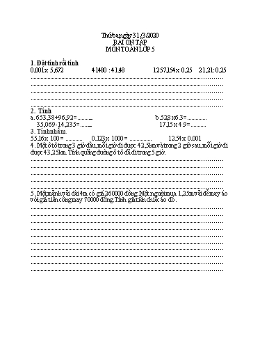 Bài tập ôn tập Toán, Tiếng Việt Lớp 5 - Ngày 31/3 - Năm học 2019-2020 - Trường Tiểu học Tân Quới A