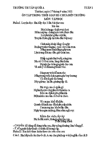 Bài tập Tập đọc Lớp 4 - Tuần 1 - Năm học 2021-2022 - Trường Tiểu học Tân Quới A (Có đáp án)