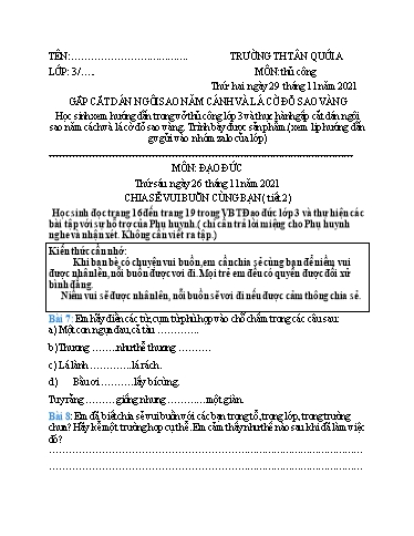 Bài tập Thủ công, Đạo đức Lớp 3 - Tuần 10 - Năm học 2021-2022 - Trường Tiểu học Tân Quới A (Có đáp án)