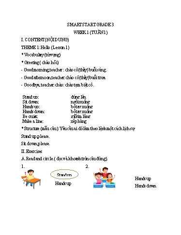 Bài tập Tiếng Anh Lớp 3 - Tuần 1, Theme 1: Hello (Lesson 1) - Trường Tiểu học Thành Lợi C (Có đáp án)