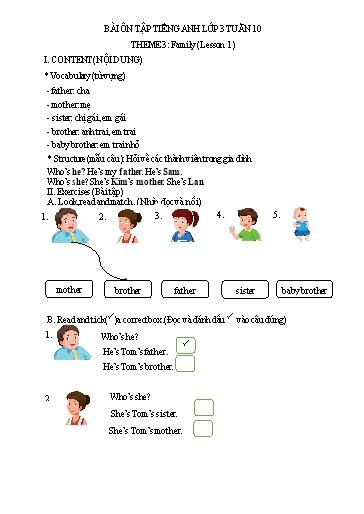 Bài tập Tiếng Anh Lớp 3 - Tuần 10, Theme 3: Family (Lesson 1) - Trường Tiểu học Thành Lợi C (Có đáp án)