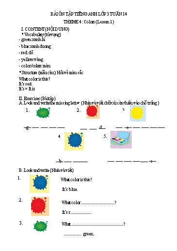 Bài tập Tiếng Anh Lớp 3 - Tuần 14, Theme 4: Colors (Lesson 1) - Trường Tiểu học Thành Lợi C (Có đáp án)
