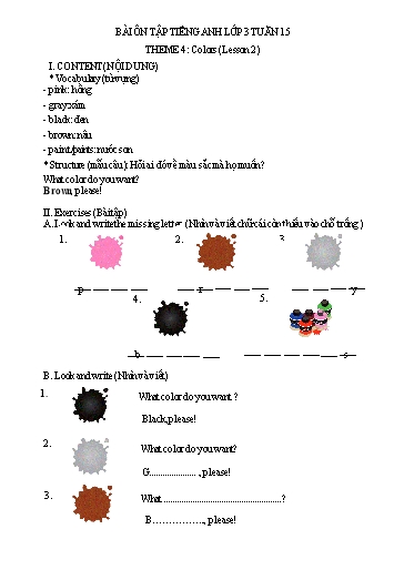 Bài tập Tiếng Anh Lớp 3 - Tuần 15, Theme 4: Colors (Lesson 2) - Trường Tiểu học Thành Lợi C (Có đáp án)