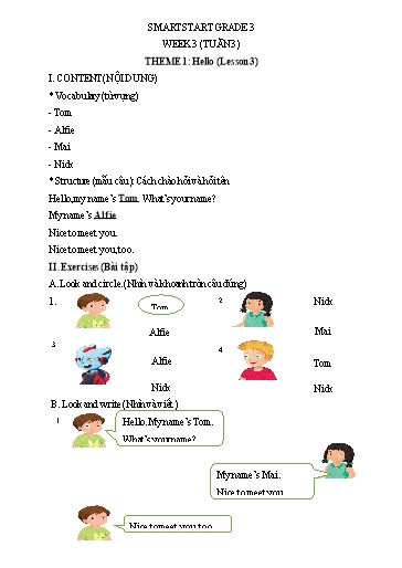 Bài tập Tiếng Anh Lớp 3 - Tuần 3, Theme 1: Hello (Lesson 3) - Trường Tiểu học Thành Lợi C (Có đáp án)