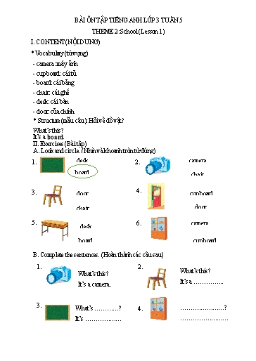 Bài tập Tiếng Anh Lớp 3 - Tuần 5, Theme 2: School (Lesson 1) - Trường Tiểu học Thành Lợi C (Có đáp án)