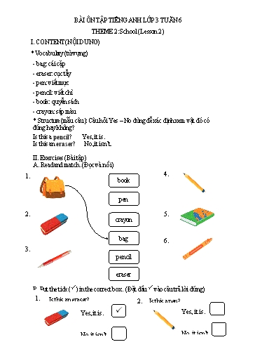 Bài tập Tiếng Anh Lớp 3 - Tuần 6, Theme 2: School (Lesson 2) - Trường Tiểu học Thành Lợi C (Có đáp án)