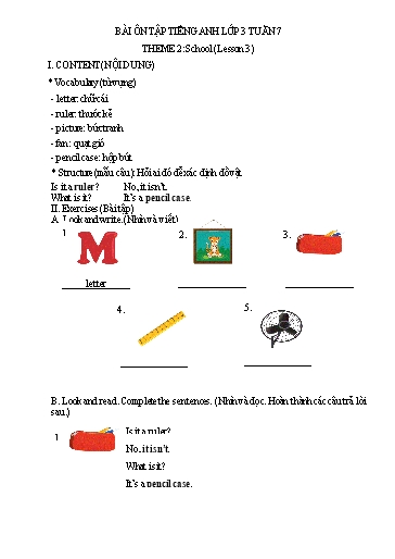 Bài tập Tiếng Anh Lớp 3 - Tuần 7, Theme 2: School (Lesson 3) - Trường Tiểu học Thành Lợi C (Có đáp án)