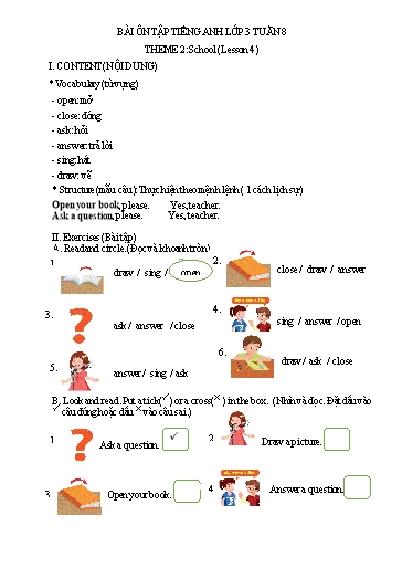 Bài tập Tiếng Anh Lớp 3 - Tuần 8, Theme 2: School (Lesson 4) - Trường Tiểu học Thành Lợi C (Có đáp án)