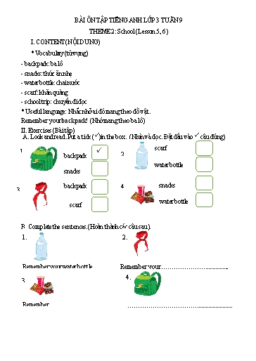 Bài tập Tiếng Anh Lớp 3 - Tuần 9, Theme 2: School (Lesson 5, 6) - Trường Tiểu học Thành Lợi C (Có đáp án)