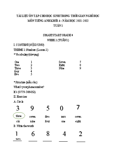 Bài tập Tiếng Anh Lớp 4 - Tuần 1, Theme 1: Numbers (Lesson 1) - Trường Tiểu học Thành Lợi C (Có đáp án)