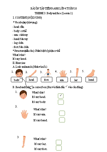 Bài tập Tiếng Anh Lớp 4 - Tuần 10, Theme 3: Body and face (Lesson 1) - Trường Tiểu học Thành Lợi C (Có đáp án)