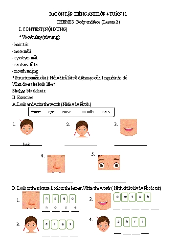 Bài tập Tiếng Anh Lớp 4 - Tuần 11, Theme 3: Body and face (Lesson 2) - Trường Tiểu học Thành Lợi C (Có đáp án)