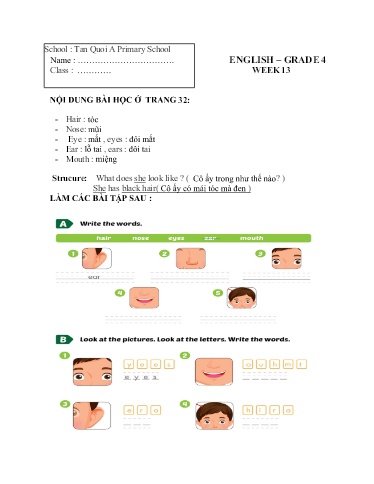 Bài tập Tiếng Anh Lớp 4 - Tuần 13 - Năm học 2021-2022 - Trường Tiểu học Tân Quới A