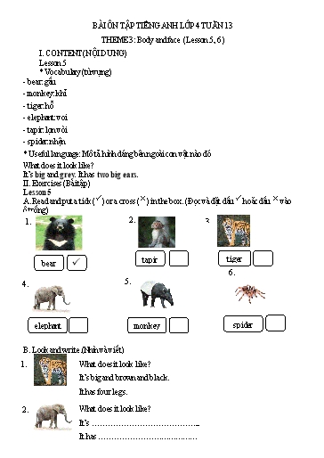 Bài tập Tiếng Anh Lớp 4 - Tuần 13, Theme 3: Body and face (Lesson 5, 6) - Trường Tiểu học Thành Lợi C (Có đáp án)