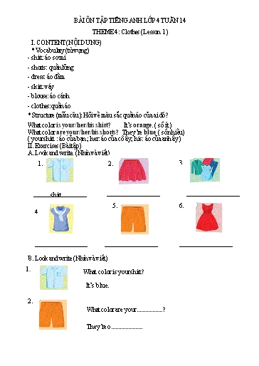 Bài tập Tiếng Anh Lớp 4 - Tuần 14, Theme 4: Colors (Lesson 1) - Trường Tiểu học Thành Lợi C (Có đáp án)