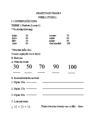 Bài tập Tiếng Anh Lớp 4 - Tuần 2, Theme 1: Numbers (Lesson 3) - Trường Tiểu học Thành Lợi C (Có đáp án)