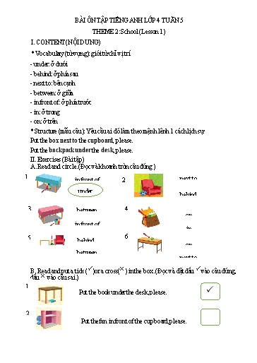 Bài tập Tiếng Anh Lớp 4 - Tuần 5, Theme 2: School (Lesson 1) - Trường Tiểu học Thành Lợi C (Có đáp án)