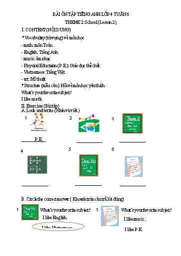 Bài tập Tiếng Anh Lớp 4 - Tuần 6, Theme 2: School (Lesson 2) - Trường Tiểu học Thành Lợi C (Có đáp án)