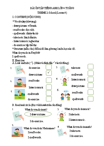 Bài tập Tiếng Anh Lớp 4 - Tuần 8, Theme 2: School (Lesson 4) - Trường Tiểu học Thành Lợi C (Có đáp án)