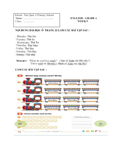 Bài tập Tiếng Anh Lớp 4 - Tuần 9 - Năm học 2021-2022 - Trường Tiểu học Tân Quới A