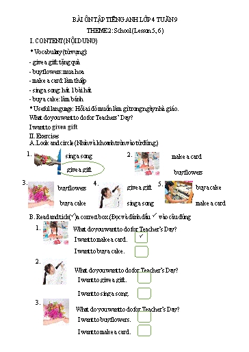 Bài tập Tiếng Anh Lớp 4 - Tuần 9, Theme 2: School (Lesson 5, 6) - Trường Tiểu học Thành Lợi C (Có đáp án)