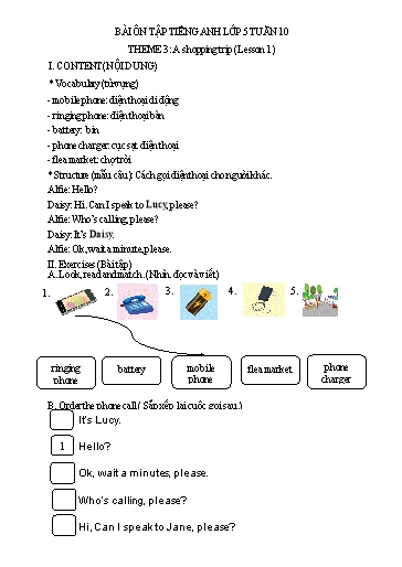 Bài tập Tiếng Anh Lớp 5 - Tuần 10, Theme 3: A shopping trip (Lesson 1) - Trường Tiểu học Thành Lợi C (Có đáp án)