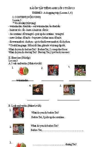 Bài tập Tiếng Anh Lớp 5 - Tuần 13, Theme 4: A shopping trip (Lesson 5, 6) - Trường Tiểu học Thành Lợi C (Có đáp án)