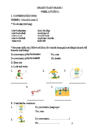 Bài tập Tiếng Anh Lớp 5 - Tuần 2, Theme 1: School (Lesson 3) - Trường Tiểu học Thành Lợi C (Có đáp án)