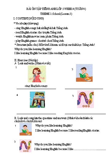 Bài tập Tiếng Anh Lớp 5 - Tuần 4, Theme 1: School (Lesson 5) - Trường Tiểu học Thành Lợi C (Có đáp án)