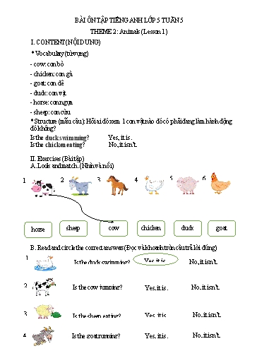 Bài tập Tiếng Anh Lớp 5 - Tuần 5, Theme 2: Animals (Lesson 1) - Trường Tiểu học Thành Lợi C (Có đáp án)