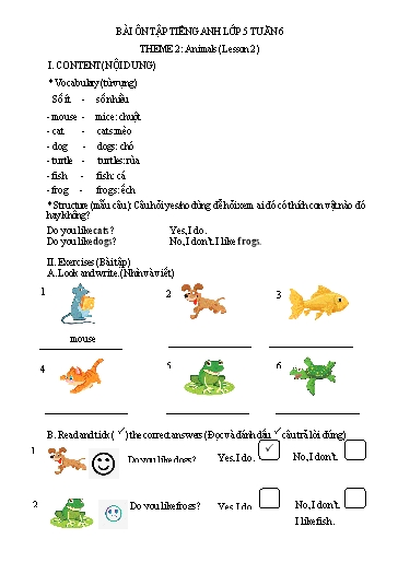 Bài tập Tiếng Anh Lớp 5 - Tuần 6, Theme 2: Animals (Lesson 2) - Trường Tiểu học Thành Lợi C (Có đáp án)