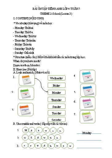 Bài tập Tiếng Anh Lớp 5 - Tuần 7, Theme 2: School (Lesson 3) - Trường Tiểu học Thành Lợi C (Có đáp án)