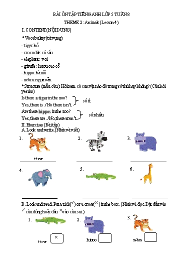Bài tập Tiếng Anh Lớp 5 - Tuần 8, Theme 2: Animals (Lesson 4) - Trường Tiểu học Thành Lợi C (Có đáp án)