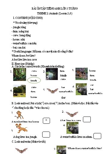 Bài tập Tiếng Anh Lớp 5 - Tuần 9, Theme 2: Animals (Lesson 5, 6) - Trường Tiểu học Thành Lợi C (Có đáp án)