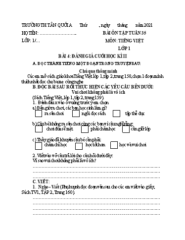 Bài tập Tiếng Việt Lớp 1 - Tuần 35, Bài 4: Đánh giá cuối học kì II - Năm học 2021-2022 - Trường Tiểu học Tân Quới A