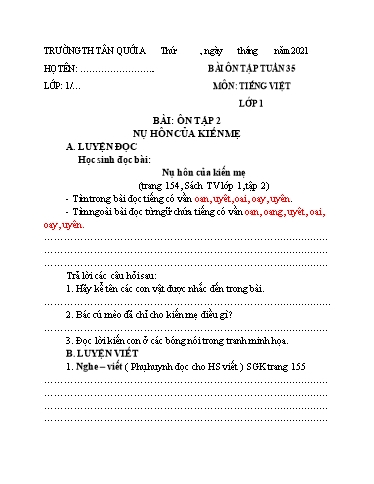 Bài tập Tiếng Việt Lớp 1 - Tuần 35, Bài: Ôn tập 2 - Năm học 2021-2022 - Trường Tiểu học Tân Quới A
