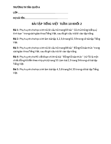 Bài tập Tiếng Việt Lớp 2 - Tuần 10 - Năm học 2021-2022 - Trường Tiểu học Tân Quới A (Có đáp án)