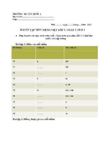 Bài tập Tiếng Việt Lớp 2 - Tuần 2 - Năm học 2021-2022 - Trường Tiểu học Tân Quới A